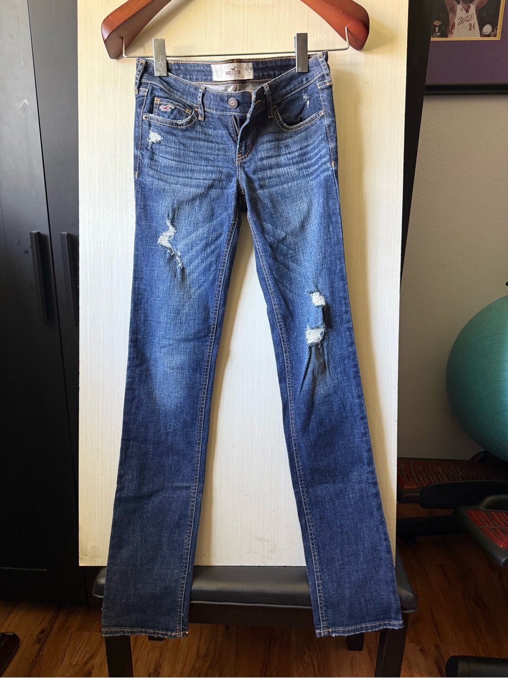 Hollister Dark Blue Distressed Straight Leg Jeans